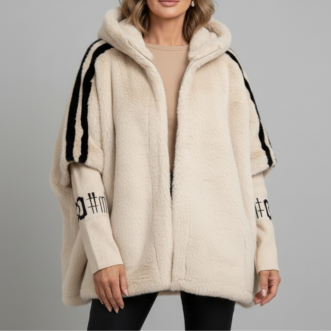 Women's Oversized Hooded Fleece Jacket with Striped Sleeves