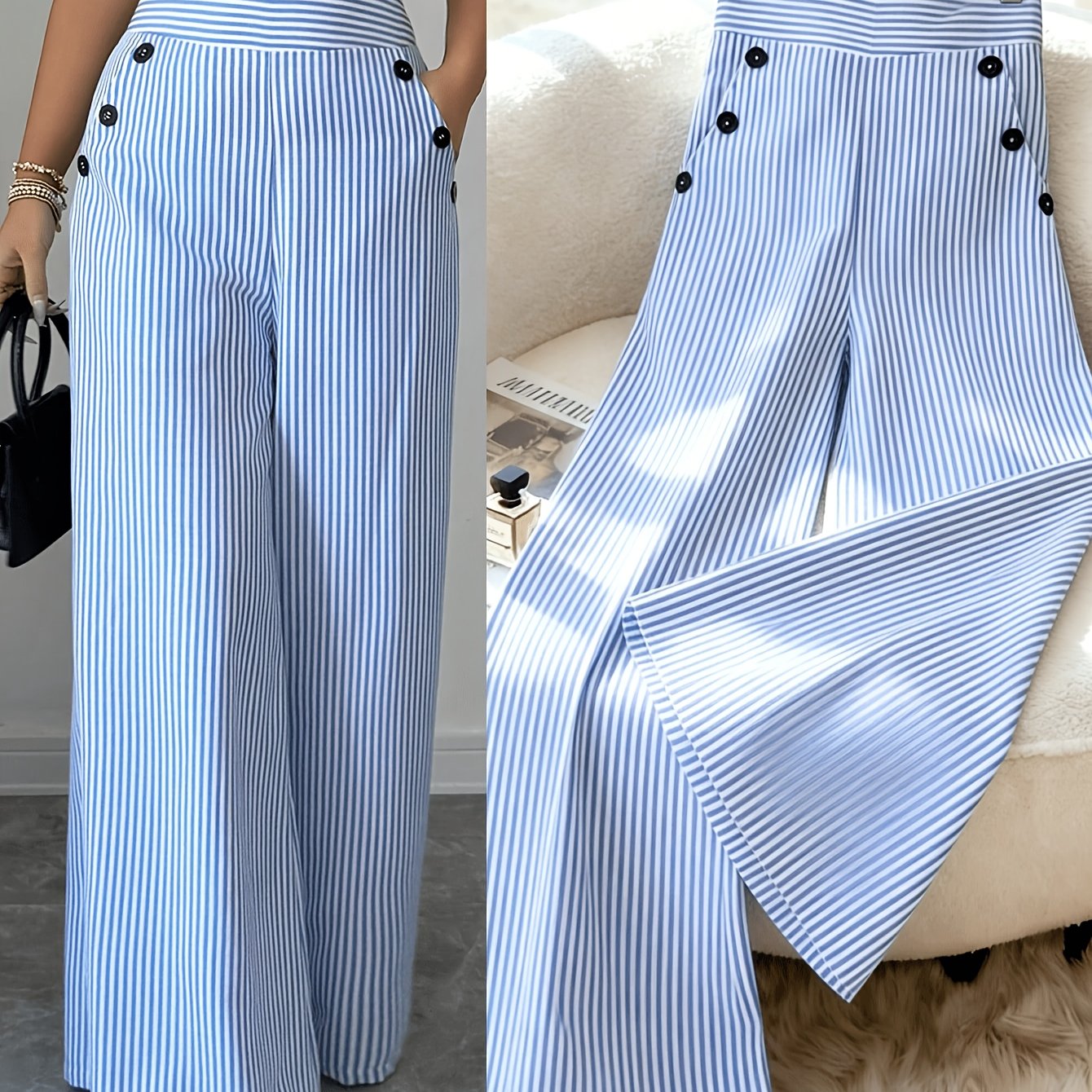 Pantalones de pierna ancha a rayas informales para mujer