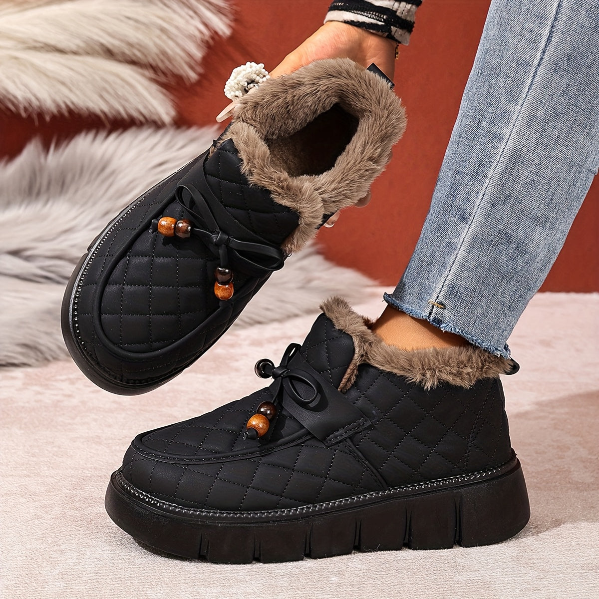 Dames vatterede slip-on-sko med imiteret pelsfor