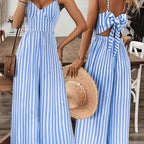 Women's Striped Wide-Leg Jumpsuit with Bow Back and V-Neck