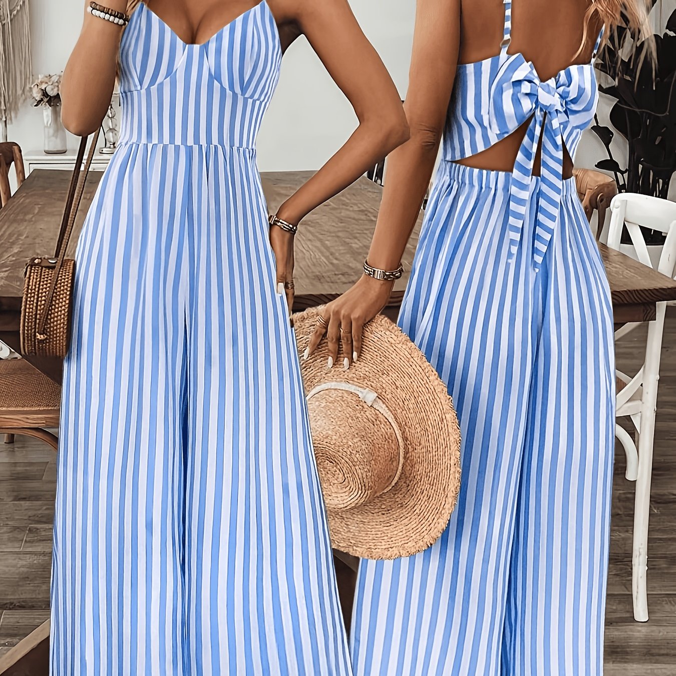 Women's Striped Wide-Leg Jumpsuit with Bow Back and V-Neck