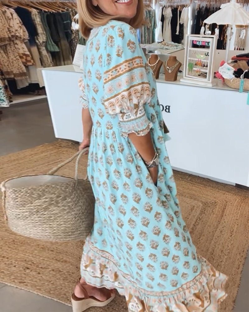 Women's Bohemian Print Maxi Dress with Tassel Tie Neckline