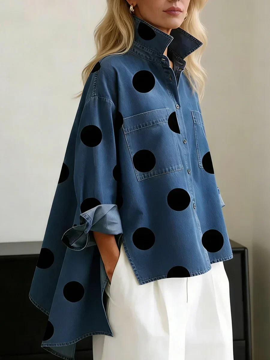 Damen-Jeanshemd mit Polka-Dot-Muster und Knopfleiste vorne