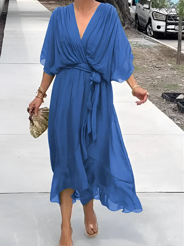 Women's Chiffon Wrap Midi Dress with Tie Waist