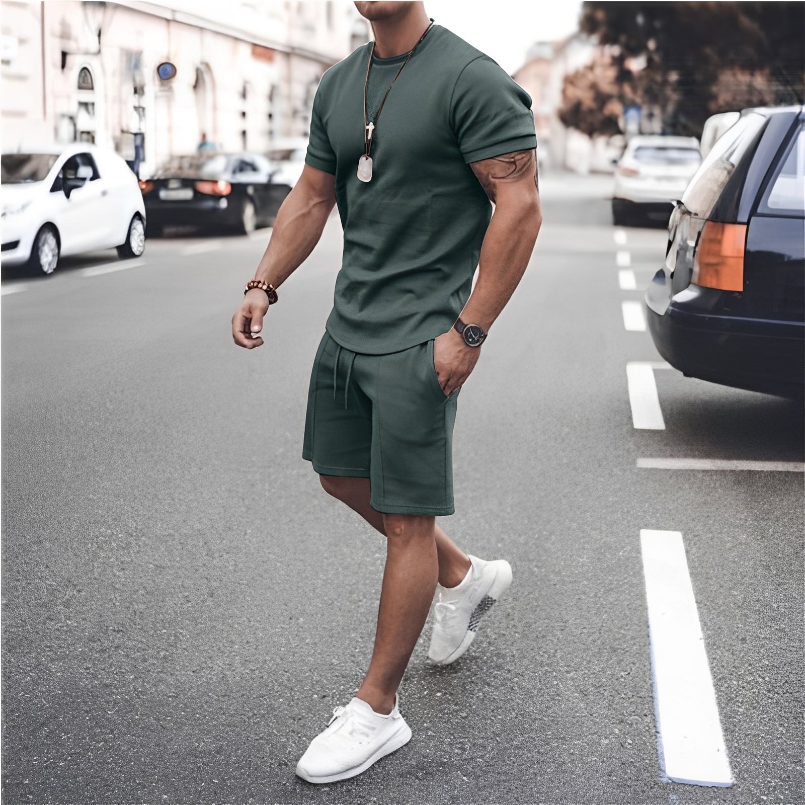 Men's Casual Short Sleeve T Shirt and Drawstring Shorts Two Piece Set