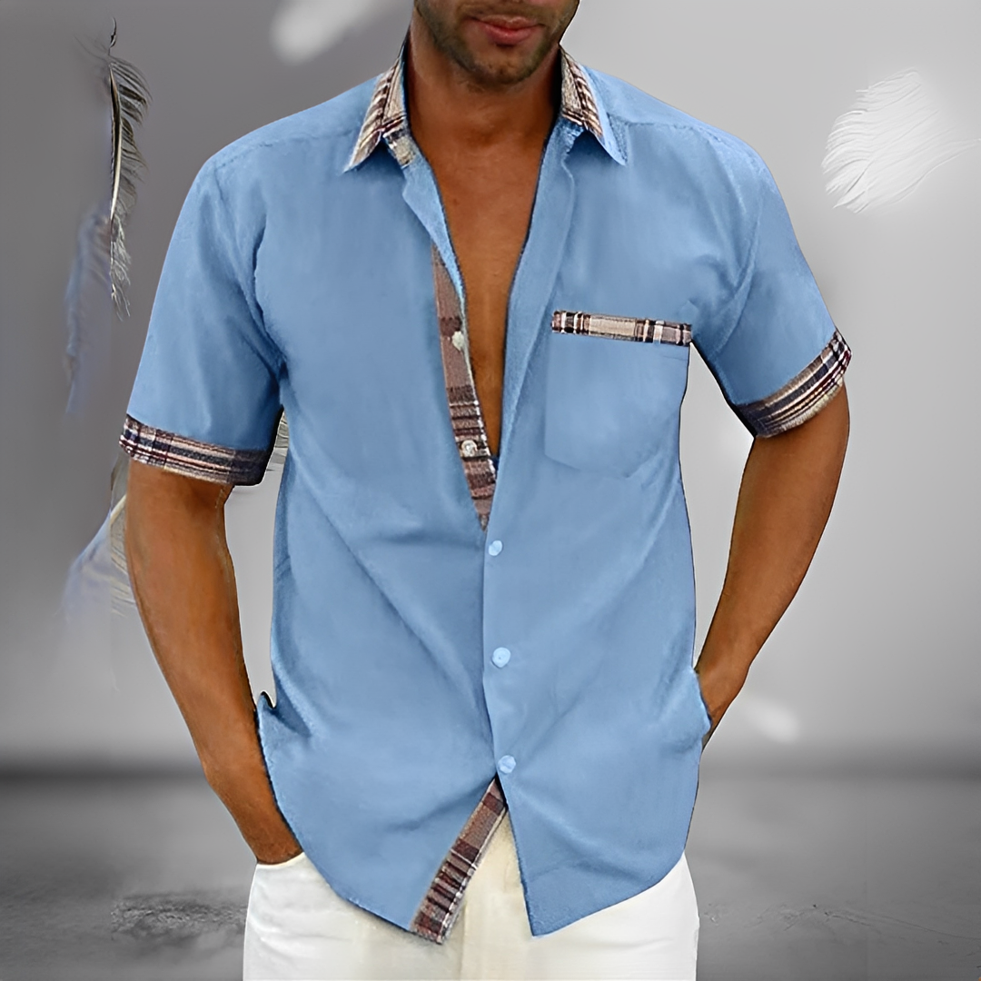 Chemise boutonnée manches courtes pour homme avec bordure contrastée et poche poitrine