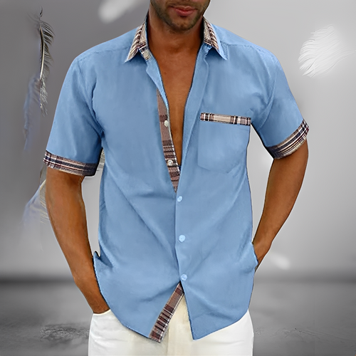 Chemise boutonnée manches courtes pour homme avec bordure contrastée et poche poitrine