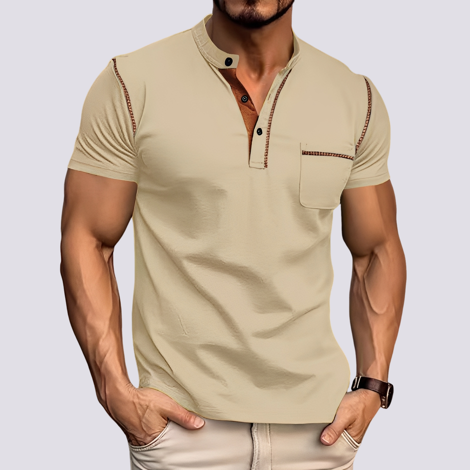 T-shirt Henley manches courtes pour homme avec bordure contrastée et poche poitrine