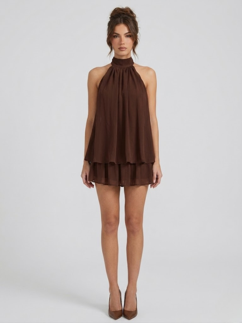 Women's Elegant Halter Neck Layered Chiffon Mini Dress