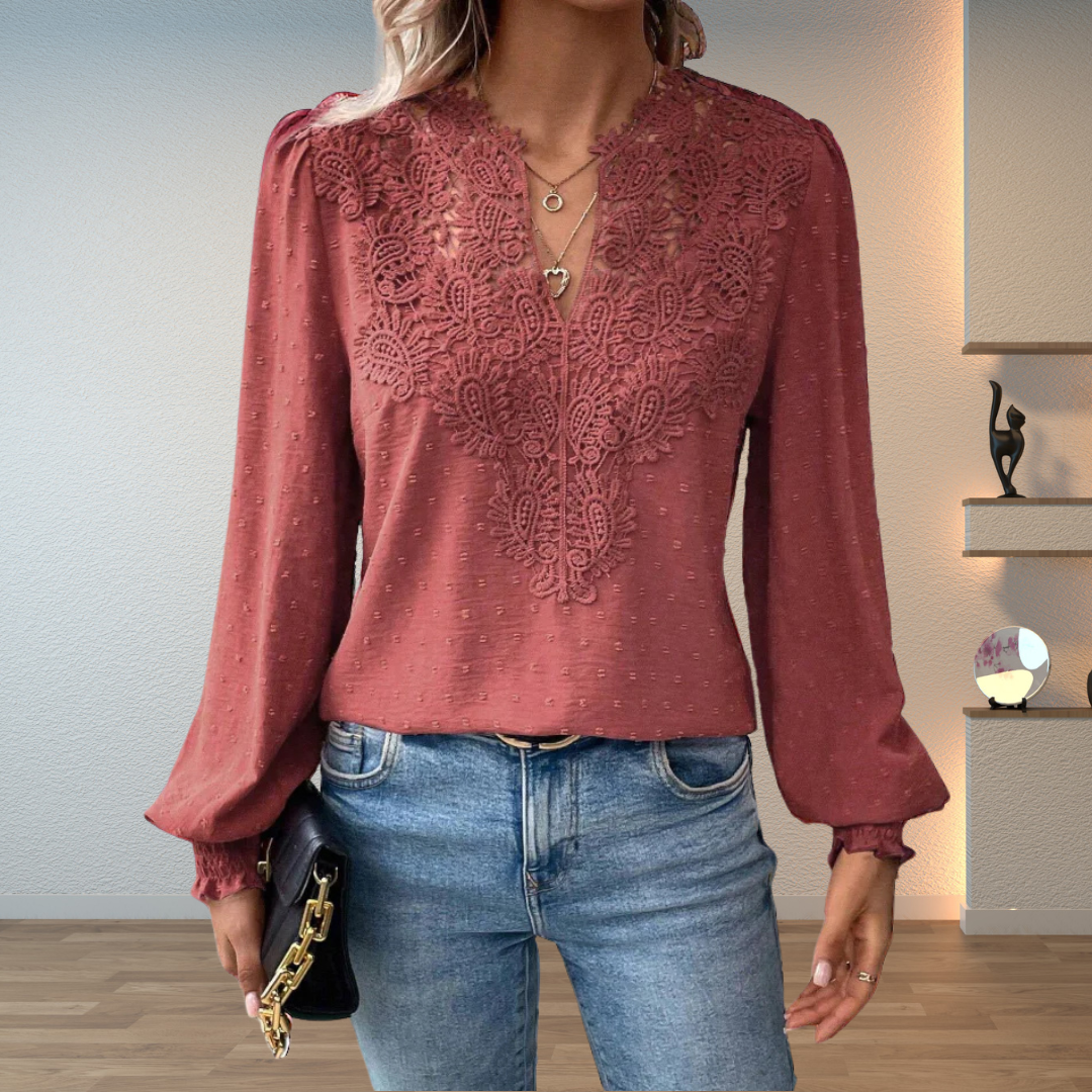 Women's Floral Lace V Neck Long Sleeve Casual Blouse