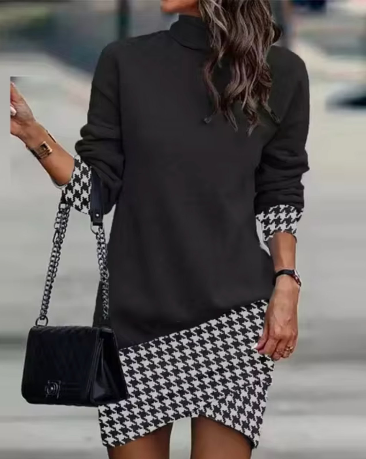 Women's Casual Long Sleeve Dress with Asymmetrical Hem and Ribbed Collar Detail