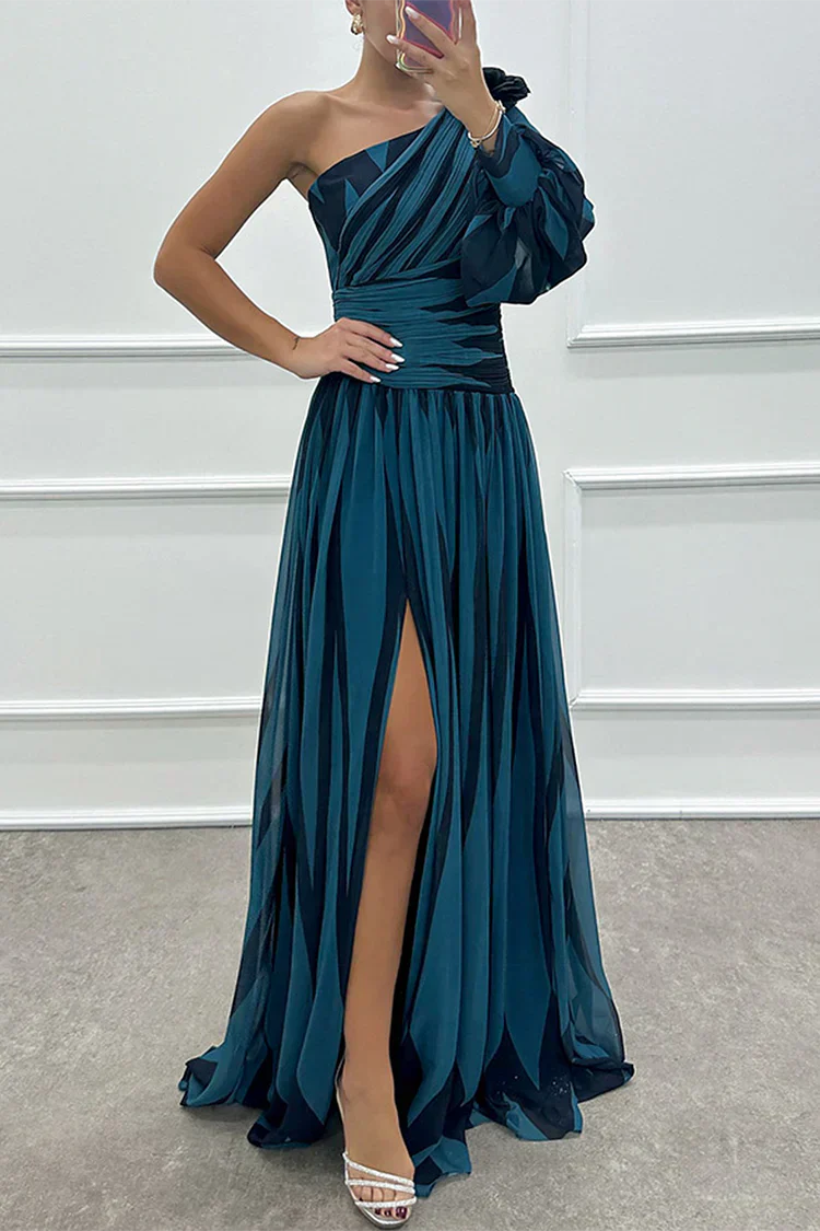 Women's One-Shoulder Striped Evening Gown with Dramatic Puff Sleeve