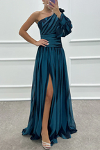 Women's One-Shoulder Striped Evening Gown with Dramatic Puff Sleeve