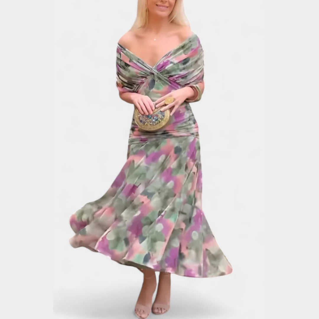 Women's Elegant Off-Shoulder Evening Dress with Draped Fit and Flowing Skirt