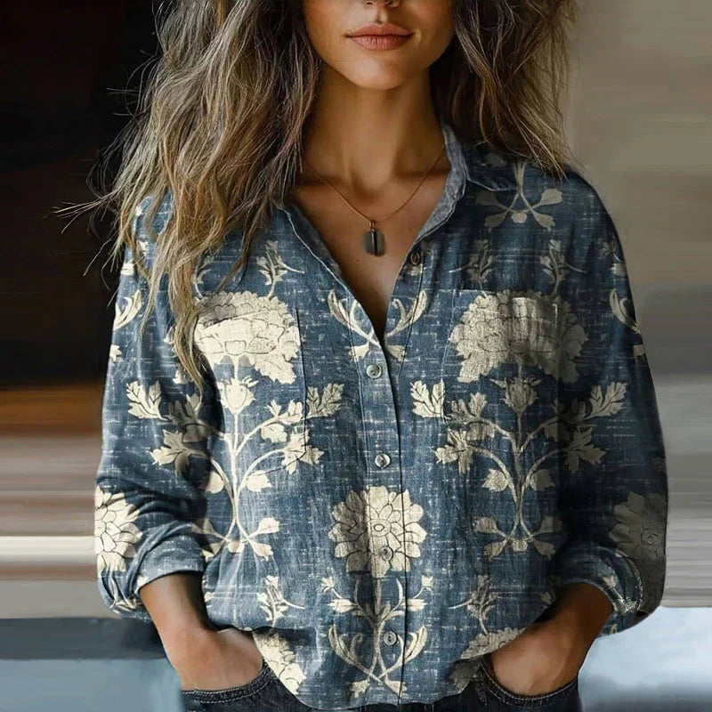 Women's Vintage Print Button-Up Blouse