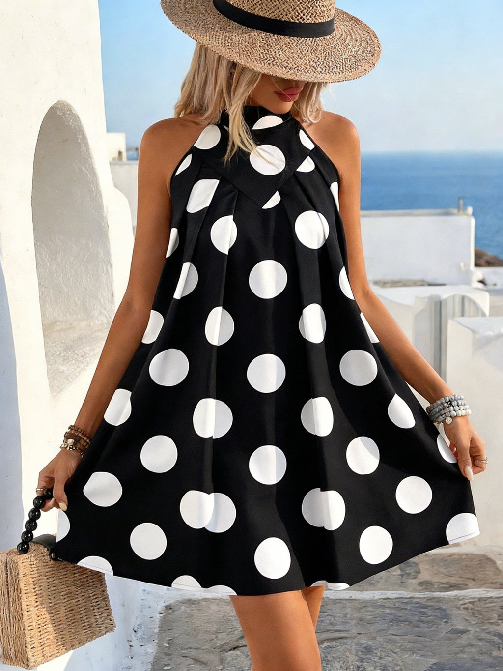 Women's Polka Dot Bow Back Swing Dress