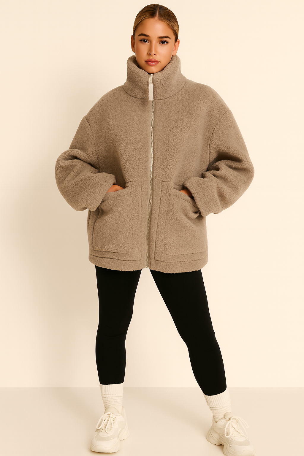 Teddy-Fleecejacke für Damen mit Stehkragen
