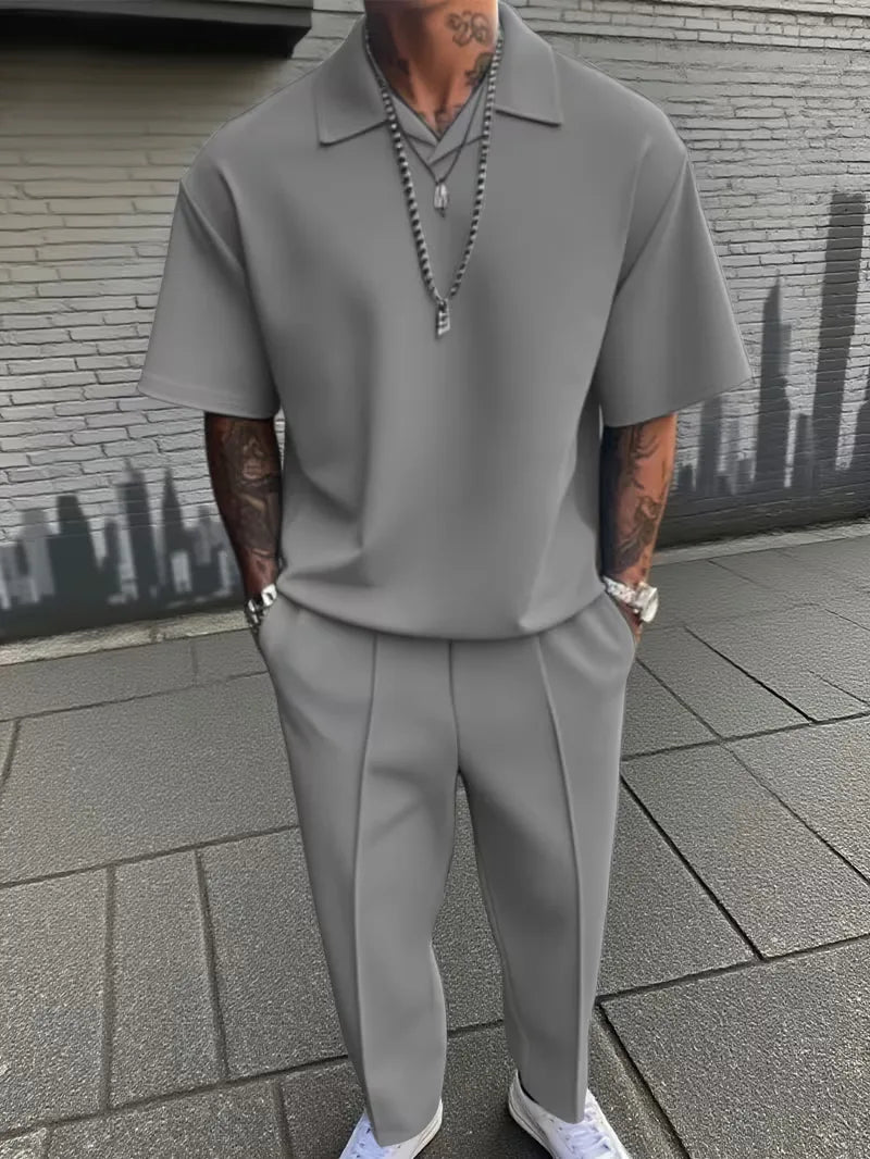 Men's Smart Casual Two-Piece Set with Polo Shirt and Straight-Leg Trousers