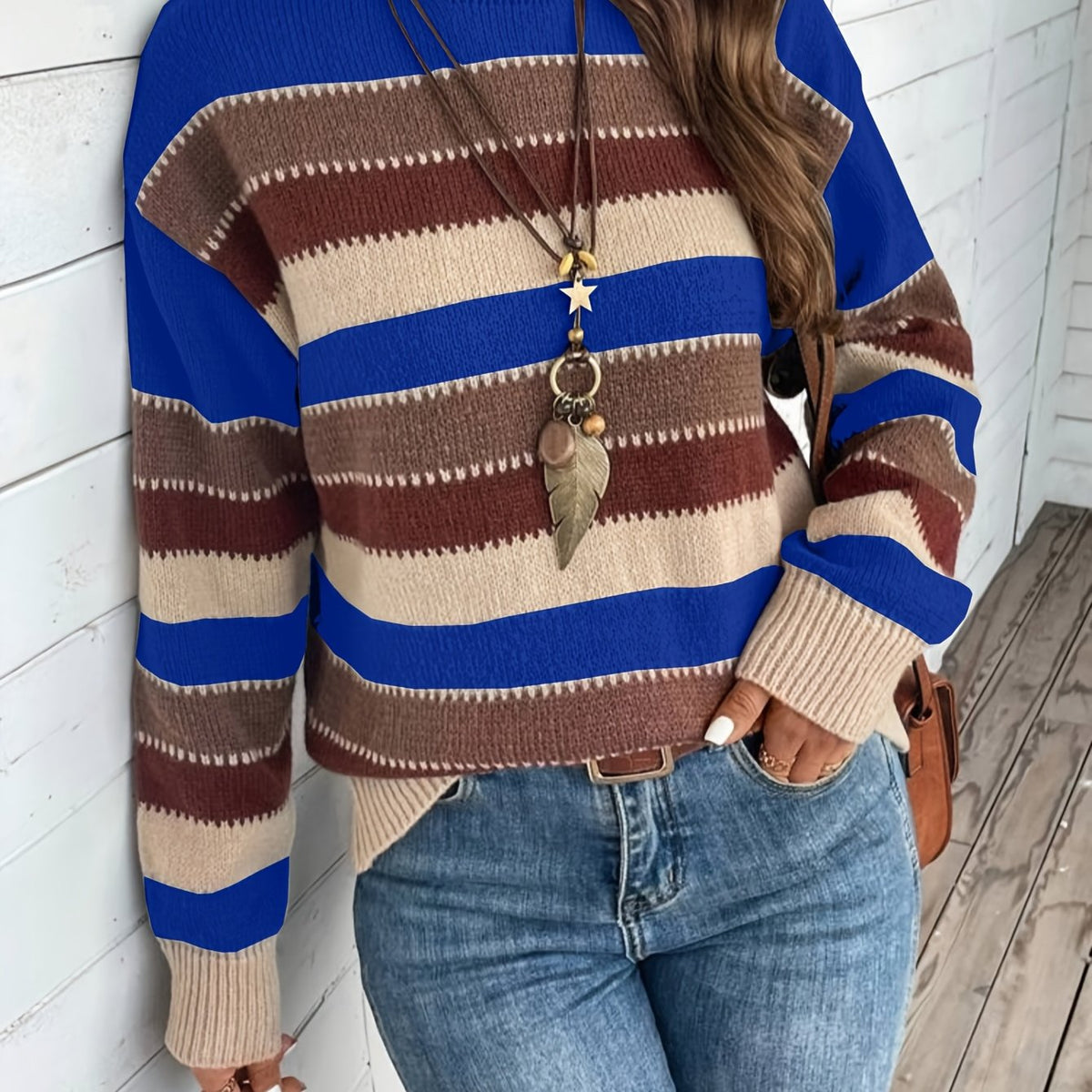 Pull à col rond rayé à empiècements colorés pour femme