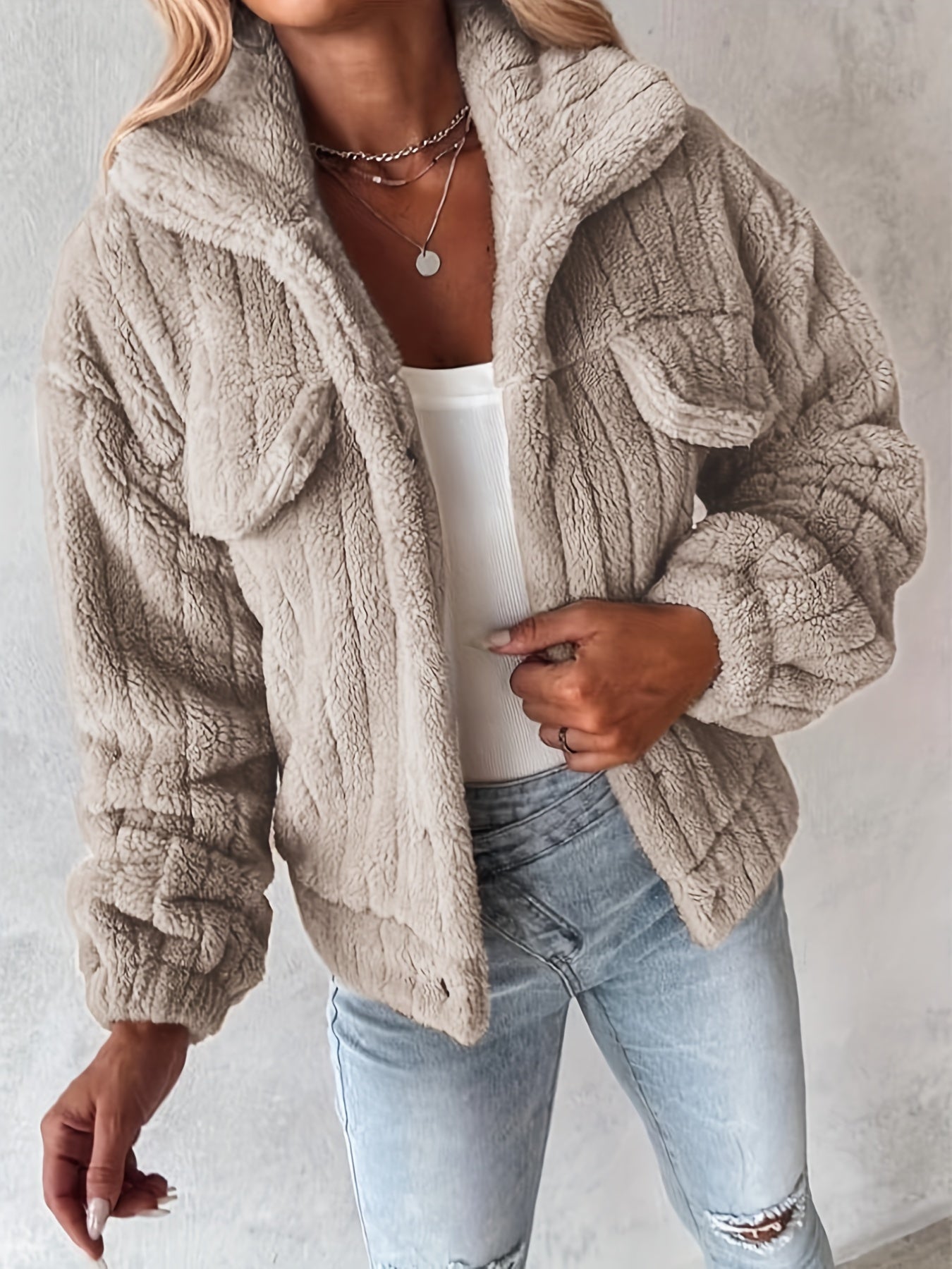 Damen-Plüsch-Sherpa-Jacke mit praktischen Taschen