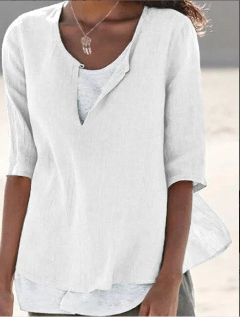 Blouse décontractée pour femme à manches trois-quarts et col en V superposé