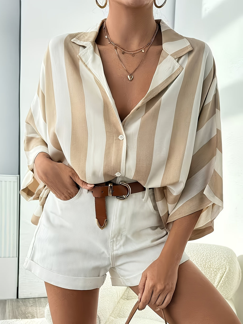 Coastal Stripe Batwing Blouse - Relaxed Everyday Elegance