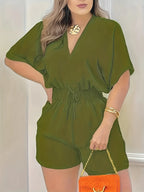 Women's Relaxed V-Neck Drawstring Waist Romper