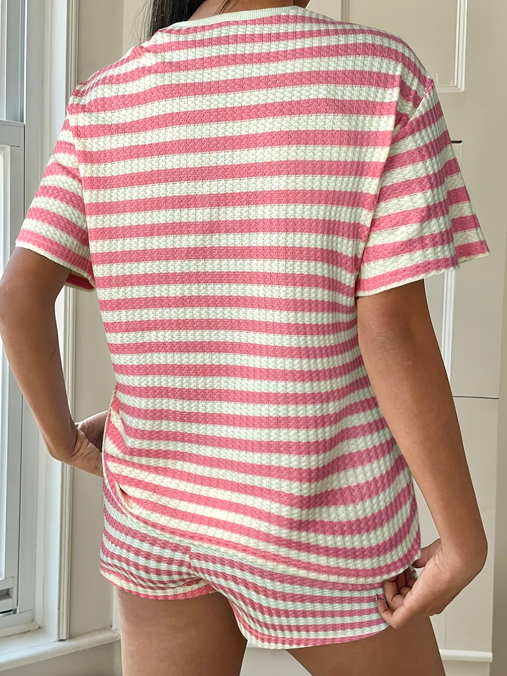 Women's Textured Stripe Lounge Set With Short Sleeve Top And Shorts