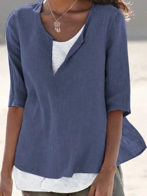 Blouse décontractée pour femme à manches trois-quarts et col en V superposé