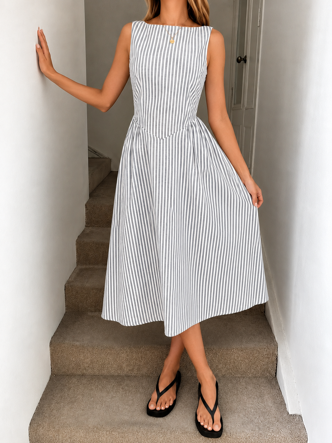 Women's Sleeveless Striped Fit and Flare Midi Dress