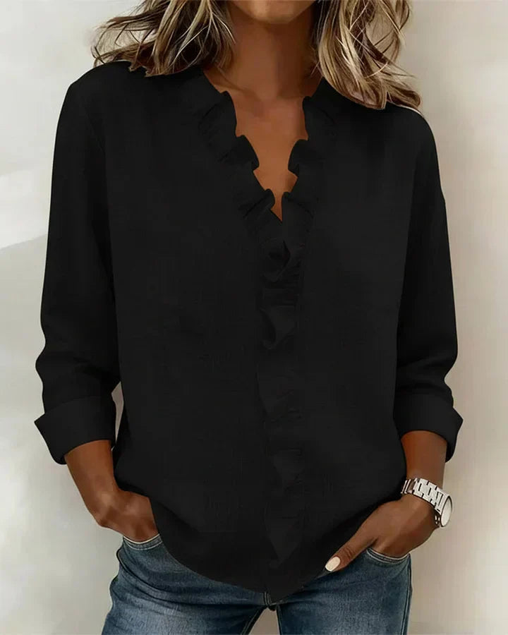 Women's Ruffle V-Neck Blouse with Long Sleeves for Elegant Everyday Wear