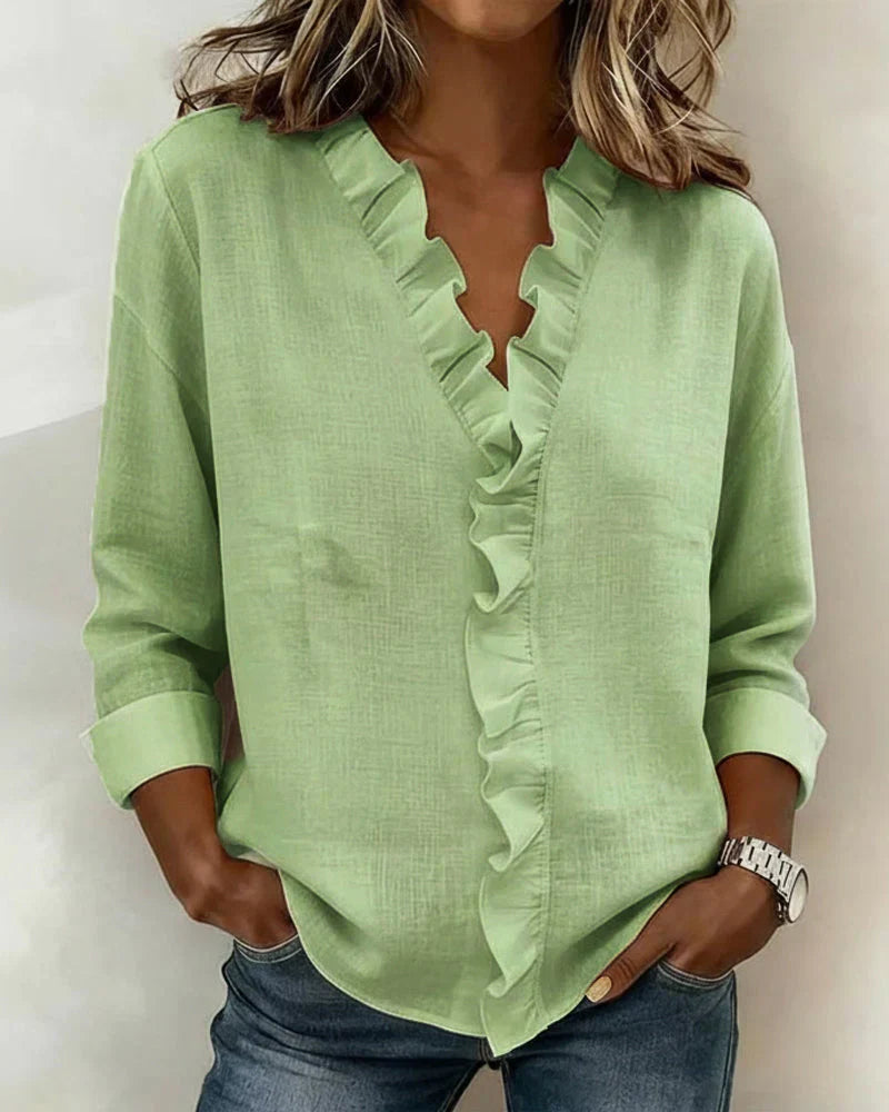 Women's Ruffle V-Neck Blouse with Long Sleeves for Elegant Everyday Wear