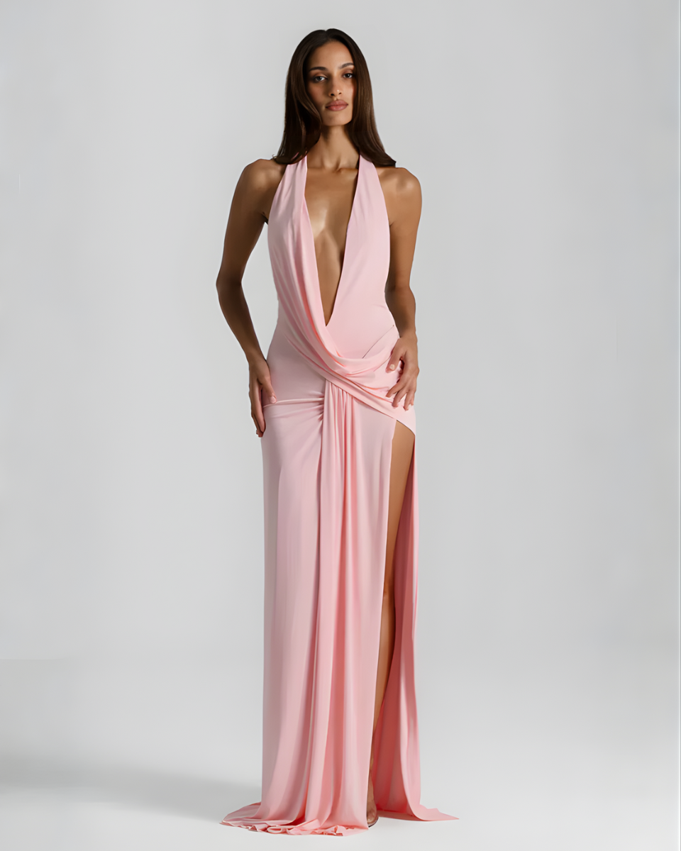 Women's Halter Maxi Dress with Open Back and Draped Side Slit