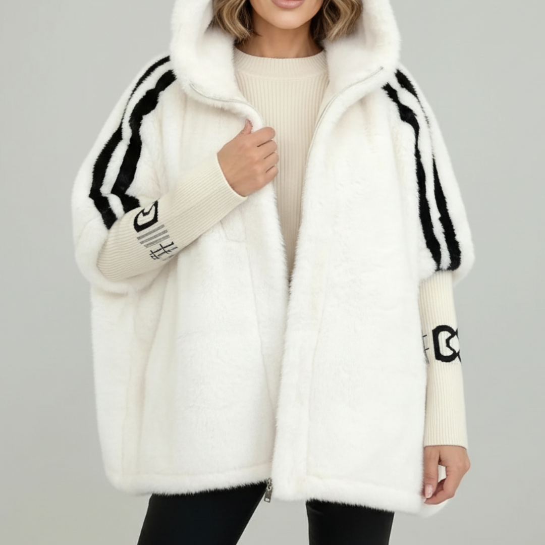 Women's Oversized Hooded Fleece Jacket with Striped Sleeves