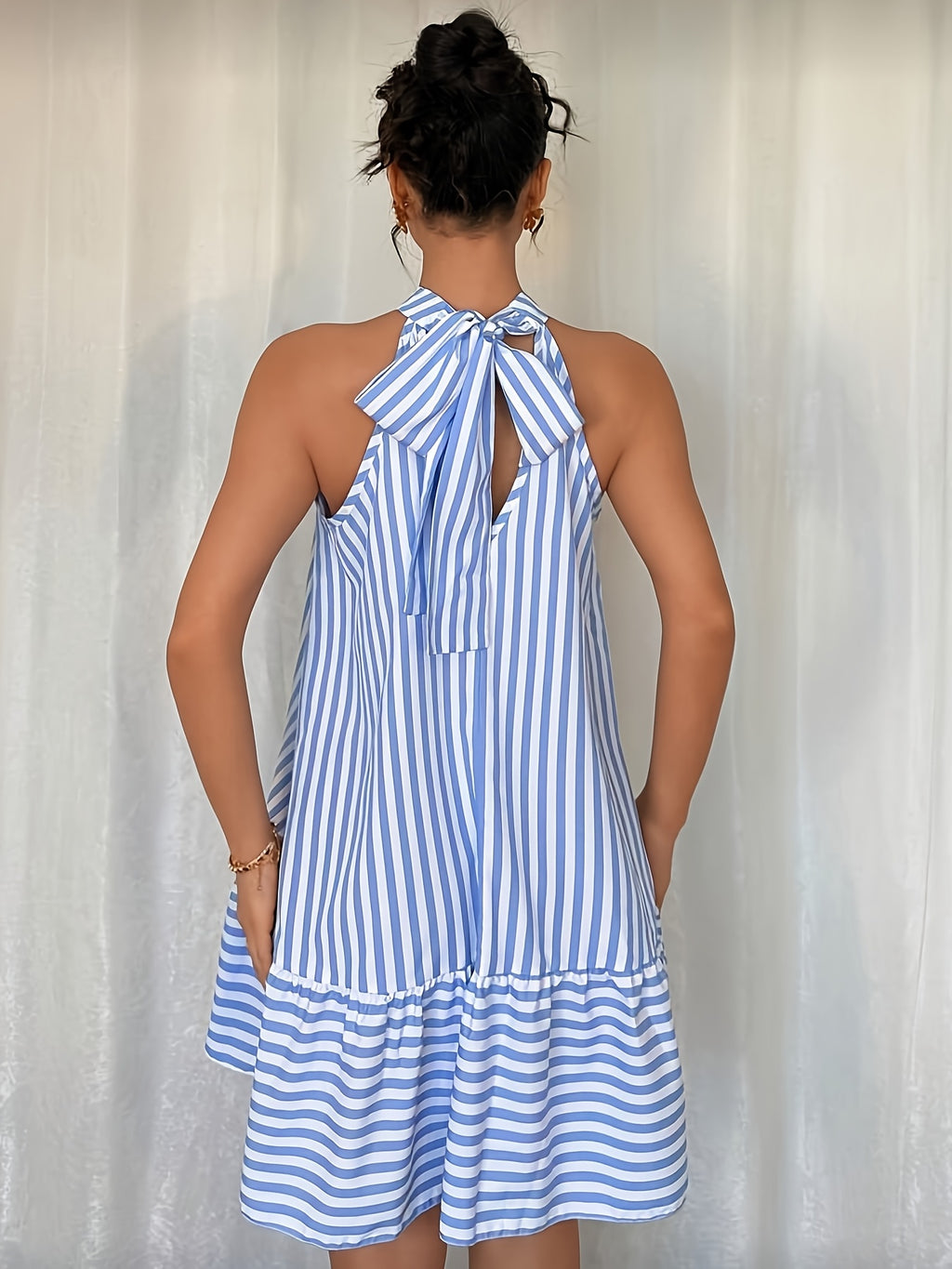 Women's Striped Halterneck Mini Dress with Tiered Hem and Loose Fit