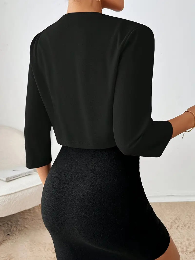 Women's Cropped Open-Front Blazer with Three-Quarter Sleeves for Elegant Layering
