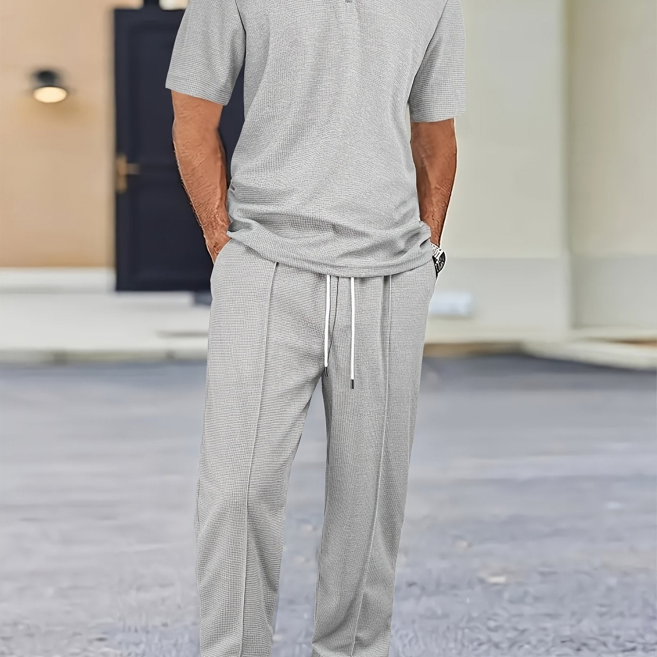 Men's Textured Half-Zip Polo & Trousers Set
