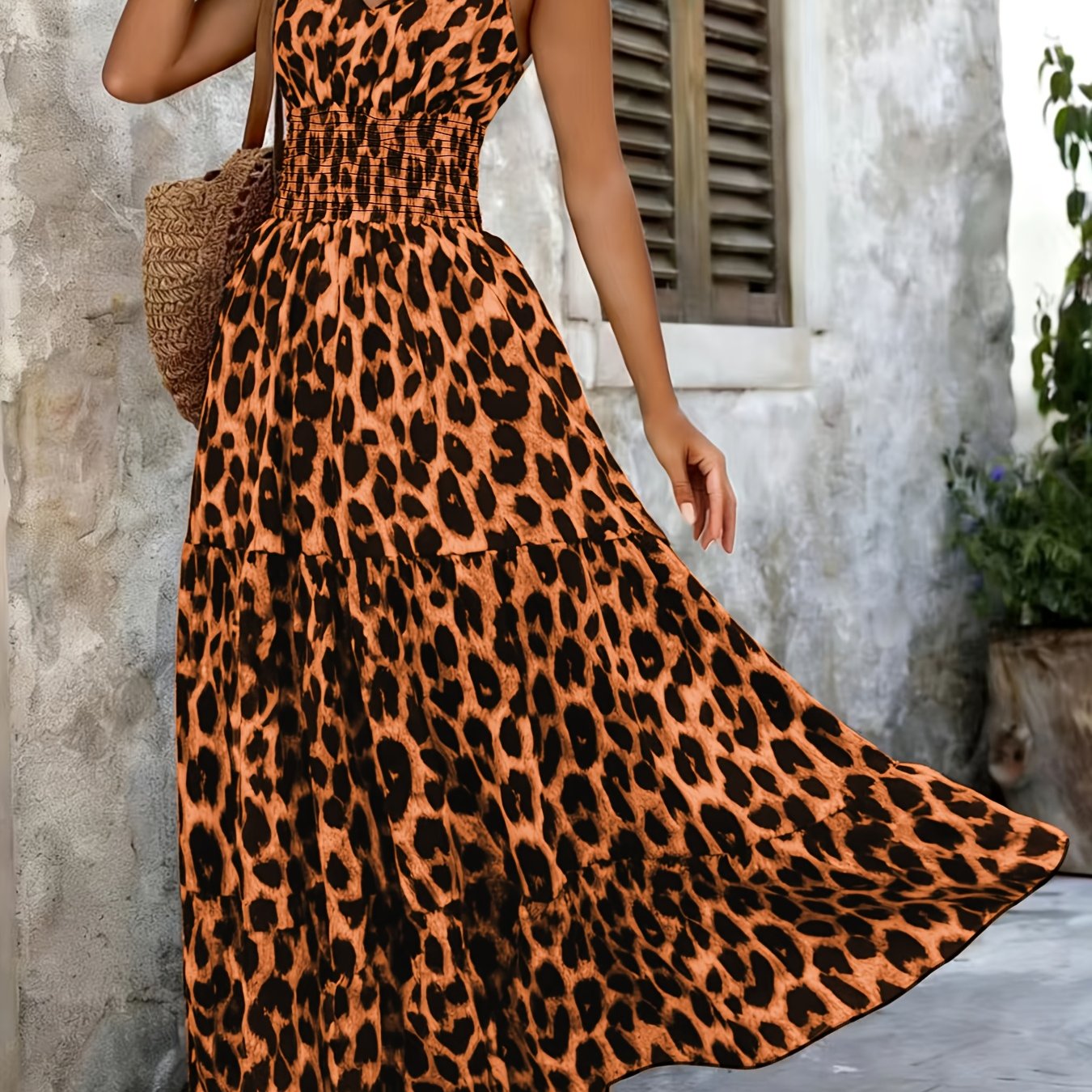 Women's Leopard Print Smocked Waist Maxi Dress