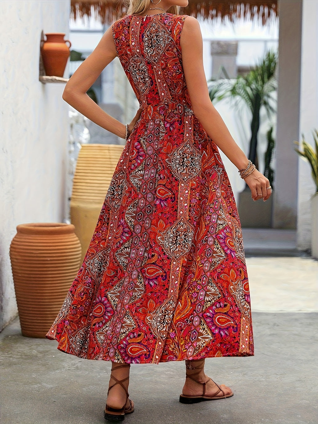 Women’s Bohemian Paisley Midi Dress with Flowing Split Design