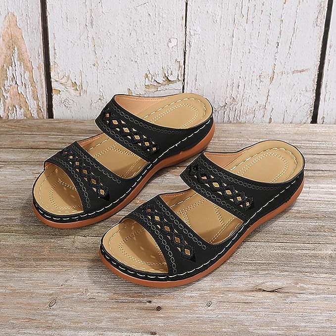 Damen Sandalen mit Ausschnitt, doppeltem Riemen und Komfortsohle