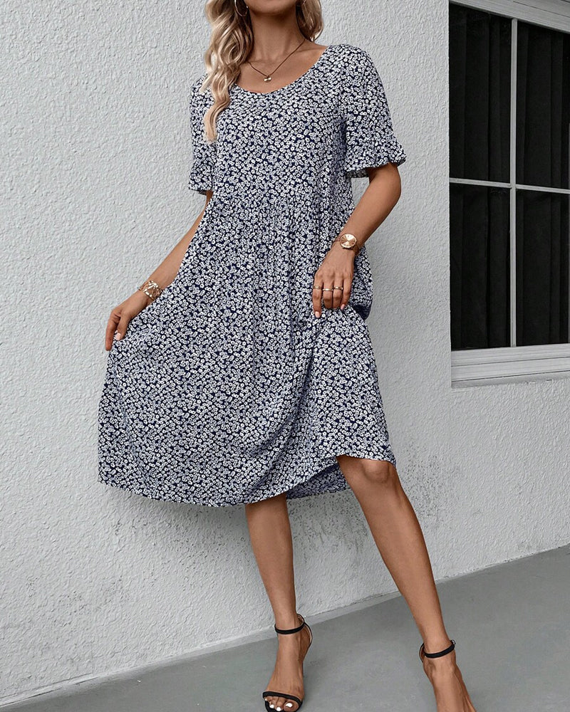 Women's Floral Midi Dress with Short Sleeves for Everyday Elegance