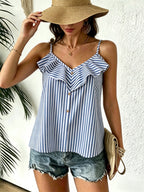 Women's Striped Ruffle Trim Button Front Cami Top