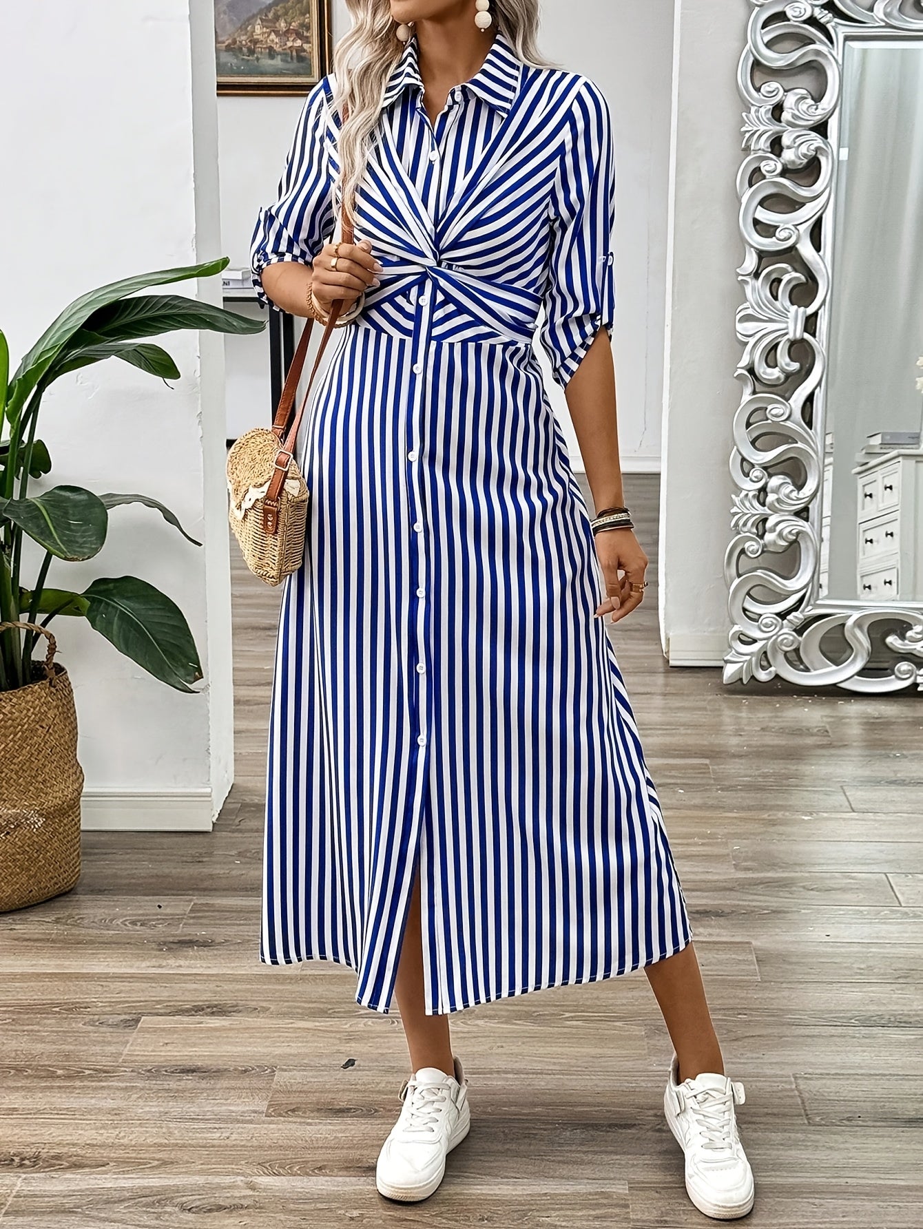 Women's Striped Midi Shirt Dress with Twist Waist and Button Front