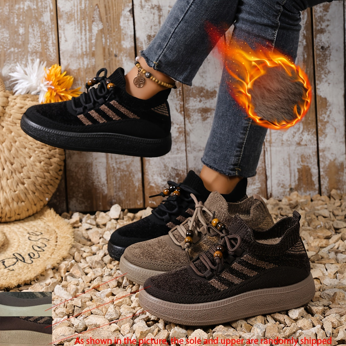 Strikkede sneakers til kvinder med imiteret pelsfor