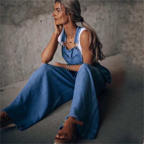 Damen Denim-Overall mit weitem Bein und verstellbarem Trägerdesign
