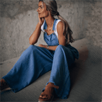 Damen Denim-Overall mit weitem Bein und verstellbarem Trägerdesign