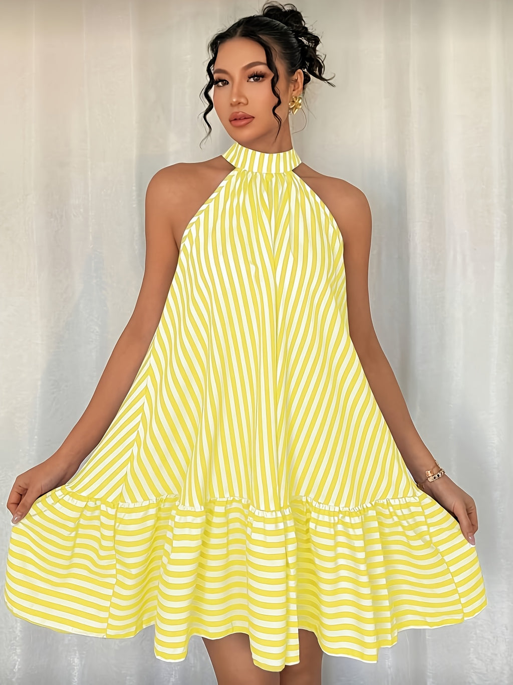 Women's Striped Halterneck Mini Dress with Tiered Hem and Loose Fit