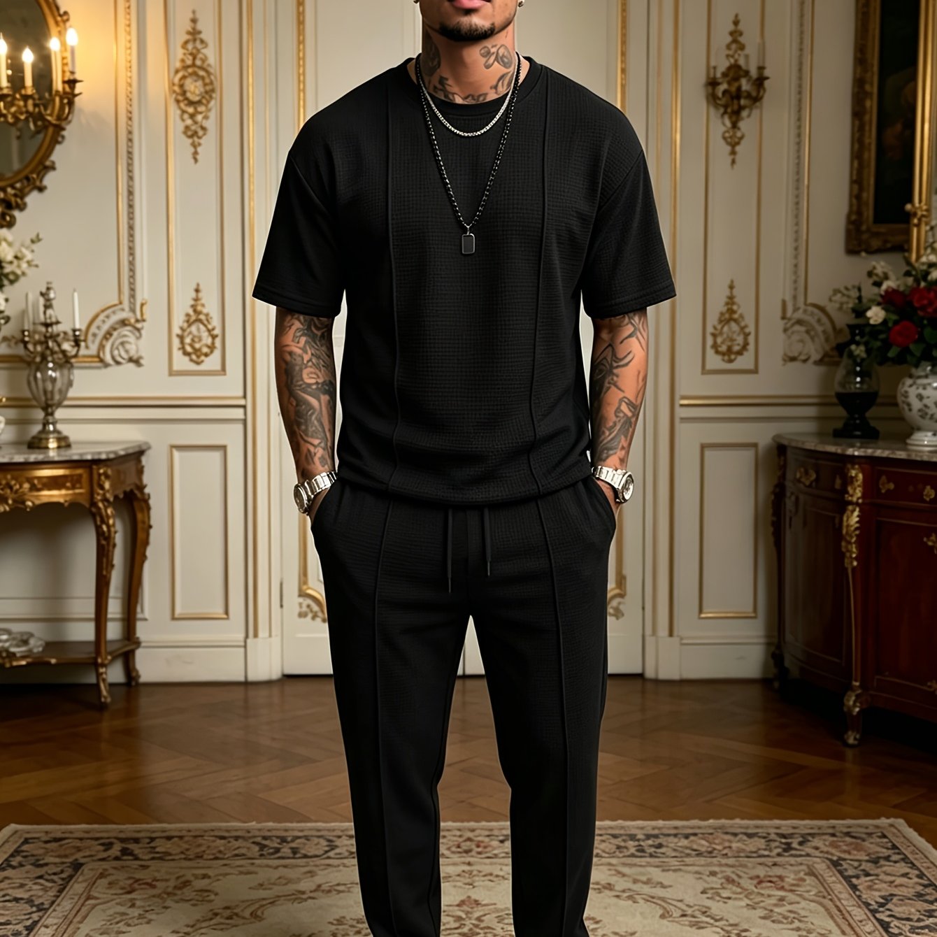 Men's Textured Relaxed T-Shirt & Trousers Set