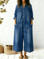 Women's Button-Up Denim Wide Leg Jumpsuit with Utility Pockets