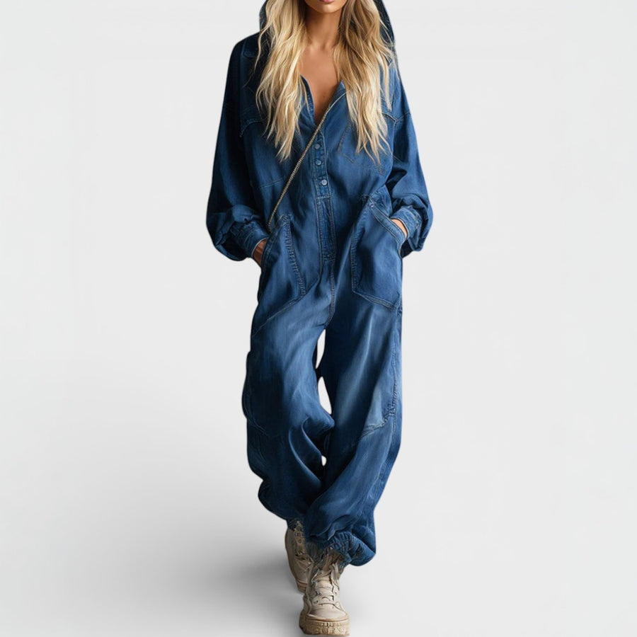Women’s Hooded Denim Utility Jumpsuit